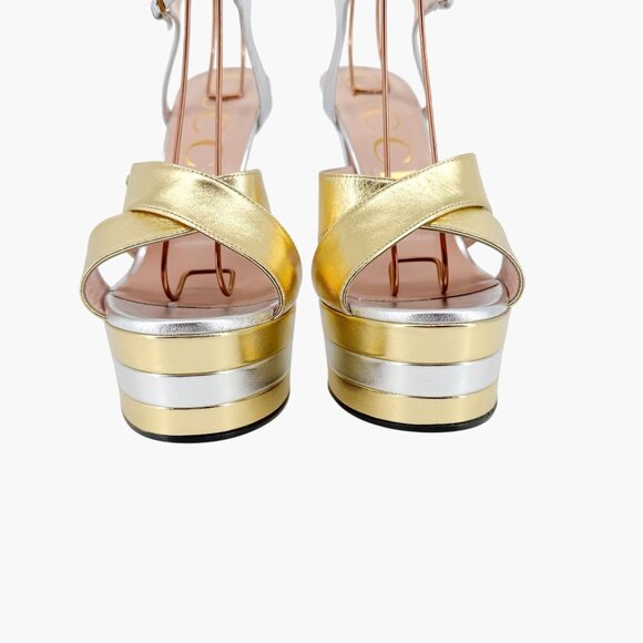 Gucci Angel Platform Sandals Size 40 US 10 Gold Silver GG Criss Cross High Heel - Picture 6 of 15